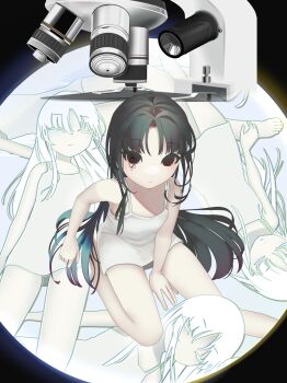 4girls between_legs black_hair dress expressionless from_above hand_between_legs highres legs_folded long_hair looking_at_viewer lying microscope multiple_girls on_back original parted_bangs partially_colored short_dress sitting test_norma1 white_dress