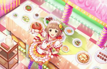 10s 1girl alternate_costume artist_request brown_eyes brown_hair coffee_pot cup female_focus food hair_ornament idolmaster idolmaster_cinderella_girls idolmaster_cinderella_girls_starlight_stage kitami_yuzu maid_headdress official_art short_hair smile solo striped_clothes striped_thighhighs thighhighs wrist_cuffs