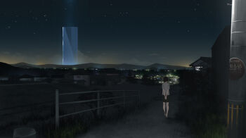 Rule 34 | 1girl, arms behind back, commentary, dark, female focus, fence, grass, hill, horizon, house, lights, night, original, scenery, shiira, short hair, skirt, sky, solo, star (sky), walking