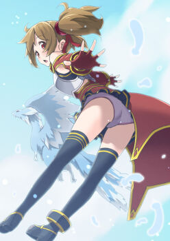10s 1girl animal armor black_thighhighs breastplate brown_hair dragon errant feathers female_focus fingerless_gloves from_behind from_below gloves panties petals pina_(sao) red_eyes short_twintails silica small_dragon solo sword_art_online thighhighs twintails underwear white_panties wind