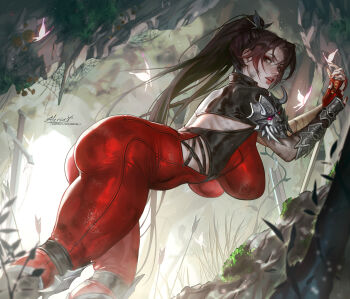 Rule 34 | 1girl, aleriia v, arm guards, armor, arrow (projectile), ass, back, back cutout, bent over, bodysuit, breasts, brown eyes, brown hair, bug, butterfly, butterfly on hand, clothing cutout, commentary, dirty, dirty face, english commentary, fingerless gloves, gloves, hanging breasts, highres, insect, large breasts, leaf, long hair, looking to the side, mask on shoulder, moss, ninja, outdoors, parted lips, planted, planted sword, planted weapon, poleyn, ponytail, red bodysuit, red nails, rock, shoulder armor, side cutout, skin tight, solo, soul calibur, sword, taki (soulcalibur), weapon