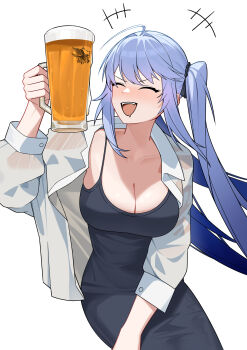 1girl absurdres adapted_costume ahoge alcohol azur_lane bead_tail_ornament beer beer_mug blue_dress blue_hair blush breasts casual chinese_commentary cleavage closed_mouth collarbone collared_shirt commentary_request cup dress drinking_glass drunk eagle_union_(emblem) essex_(azur_lane) essex_(crossbones_especial)_(azur_lane) foam hand_up highres holding holding_cup large_breasts long_hair mug official_alternate_costume open_clothes open_mouth open_shirt saliva shirt sidelocks simple_background sitting smile solo spaghetti_strap teeth twintails upper_teeth_only very_long_hair white_background white_shirt xin_sanmu