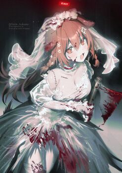 1girl absurdres alternate_costume axe blood blood_on_clothes blood_on_face bloody_weapon braid breasts bridal_veil brown_eyes brown_hair choker cleavage dog_girl dog_tail dress exit_sign frilled_choker frills gloves heart heart-shaped_pupils highres holding holding_axe hololive inugami_korone medium_breasts solo symbol-shaped_pupils tail torn_clothes torn_dress tsubameno twin_braids veil virtual_youtuber weapon wedding_dress white_dress white_gloves white_veil