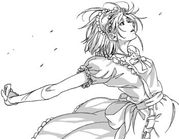 1girl apron commentary_request dress greyscale looking_up maid maid_headdress monochrome okuribi open_mouth original outstretched_arm short_hair simple_background solo wind