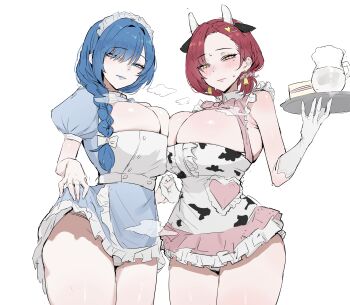 2girls absurdres alternate_costume animal_ears animal_print asymmetrical_docking bell bell_earrings black_survival blue_dress blue_hair blush braid breast_press breasts cleavage clothes_lift commentary_request cow_ears cow_horns cow_print dress dress_lift earrings enmaided eternal_return:_black_survival fake_animal_ears fake_horns gloves hand_grab highres horns huge_breasts interlocked_fingers jewelry korean_commentary lenore_(black_survival) lifting_own_clothes looking_at_viewer maid maid_headdress mole mole_under_eye multiple_girls panties pink_dress puffy_short_sleeves puffy_sleeves red_hair revision seoyong short_sleeves simple_background steam tazia_(black_survival) thighs underwear very_long_braid white_background white_gloves white_panties