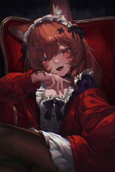 1girl absurdres animal_ear_fluff animal_ears apron arm_rest brown_hair brown_pantyhose cat_ears cat_girl cat_hair_ornament chair cleavage_cutout clothing_cutout commentary_request cross_hair_ornament crossed_legs drawer_bushi_huajia dress frilled_dress frills hair_ornament hairclip highres jacket long_hair looking_at_viewer maid maid_apron maid_headdress on_chair open_mouth original pantyhose parallel_hairclips purple_dress red_eyes red_jacket sitting smile solo