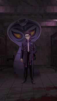 1boy arbok black-framed_eyewear black_coat black_pants black_shoes coat collared_shirt commentary_request corbeau_(pokemon) full_body gen_1_pokemon glasses hand_in_pocket highres indoors lapels long_sleeves looking_at_viewer male_focus necktie nintendo open_clothes open_coat pants pokemon pokemon_(creature) pokemon_legends:_z-a purple_hair purple_shirt round_eyewear shinozaki_kyouko shirt shoes short_hair smile solo standing teeth tile_floor tiles white_necktie