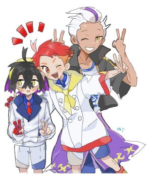 3boys black_hair blush clothes_around_waist collared_shirt commentary_request crispin_(pokemon) crossed_bangs dark-skinned_male dark_skin double_v drayton_(pokemon) gloves grin hair_between_eyes jacket kieran_(pokemon) konoooc male_focus multicolored_hair multiple_boys nintendo one_eye_closed open_mouth orange_hair partially_fingerless_gloves pokemon pokemon_sv purple_hair red_hair shirt shorts simple_background single_glove smile sweat v white_background white_hair yellow_eyes