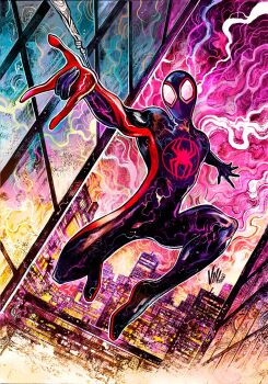 1boy abstract_background animal_print artist_name black_bodysuit black_mask bodysuit building city city_lights cityscape colorful_background commentary dynamic_pose english_commentary highres male_focus marvel mask mask_on_head miles_morales multicolored_bodysuit night night_sky outdoors print_bodysuit red_bodysuit reflection signature silk sky skyline skyscraper spider-man_(miles_morales) spider-man_(series) spider_print spider_web spider_web_print superhero_costume swinging_on_rope two-tone_bodysuit vinartwork white_eyes