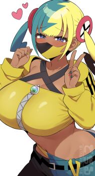 1girl belt black_mask blonde_hair blue_eyes blue_hair blue_nails blush breasts canari_(pokemon) cleavage collarbone criss-cross_halter crop_top cropped_jacket dark-skinned_female dark_skin fellatio_gesture hair_ornament halterneck heart highres jacket kinakosuki large_breasts long_hair long_sleeves looking_at_viewer mask midriff mouth_mask multicolored_hair nail_polish navel nintendo pants pokemon pokemon_legends:_z-a simple_background solo twintails two-tone_mask v white_background yellow_jacket