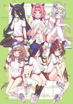 6+girls adidas ahoge animal_ears bandaid bandaid_on_leg black_hair black_socks black_thighhighs blue_eyes blue_flower blue_rose blush bow breasts brown_hair buruma carrot closed_mouth crocs ear_bow ear_covers ear_ornament ear_ribbon ear_tag earrings ears_through_headwear english_text fila flipped_hair flower flower-shaped_pupils flower_in_eye gloves grey_hair grey_tail gym_shirt hair_between_eyes hair_ornament hair_over_one_eye hairband hairclip haru_urara_(umamusume) hat hat_flower headband high_ponytail highres horse_ears horse_girl horse_tail jewelry kneehighs long_bangs long_hair long_hair_between_eyes looking_at_viewer manhattan_cafe_(umamusume) matikanetannhauser_(umamusume) medium_hair multicolored_hair multiple_girls newsboy_cap nike_(company) oguri_cap_(umamusume) one_eye_closed open_mouth pink_buruma pink_eyes pink_hair pink_headband ponytail puma_(brand) purple_eyes red_buruma red_headband red_shorts ribbon rice_shower_(umamusume) rose shirt shoes short_sleeves shorts single_earring smile sneakers socks streaked_hair symbol-shaped_pupils symbol_in_eye tail thighhighs tilted_headwear tokai_teio_(umamusume) tracen_training_uniform two-tone_hair umamusume vans watashishi white_hair white_shirt white_socks white_thighhighs yellow_eyes