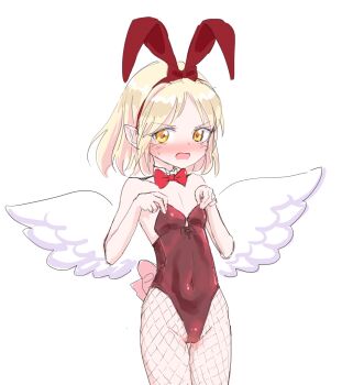 1girl :o alternate_costume animal_ear_hairband animal_ears bare_arms black_leotard blonde_hair blush bow bowtie breast_conscious commentary covered_navel detached_collar fake_animal_ears fishnet_pantyhose fishnets flat_chest gengetsu_(touhou) groin hairband highleg highleg_leotard leotard looking_at_viewer nose_blush pantyhose playboy_bunny pointy_ears rabbit_ear_hairband rabbit_ears red_bow red_bowtie s-a-murai short_hair simple_background sketch solo strapless strapless_leotard sweatdrop thigh_gap touhou touhou_(pc-98) white_background white_wings wings yellow_eyes