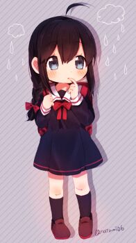 1girl aged_down ahoge backpack bag black_dress black_hair black_socks blue_eyes blush braid brown_shoes diagonal-striped_background dress finger_to_mouth full_body grey_background hair_ribbon index_finger_raised kantai_collection kneehighs long_sleeves natsumi_(natumi06) parted_lips red_ribbon ribbon sailor_collar sailor_dress shigure_(kancolle) shoes single_braid socks solo standing striped_background twitter_username white_sailor_collar