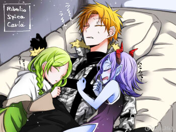 1boy 2girls akashi_(pixiv_user_1342337) black_gloves braid camouflage camouflage_jacket capelet carla_(higyaku_no_noel) colored_skin demon_girl demon_horns dress dual_persona fur-trimmed_jacket fur_trim gloves green_dress green_hair grey_skin higyaku_no_noel horns jacket multiple_girls purple_dress purple_hair ribelio_strada scar scar_on_face scar_on_forehead sleeping sleeveless sleeveless_dress spica_(higyaku_no_noel) time_paradox twin_braids