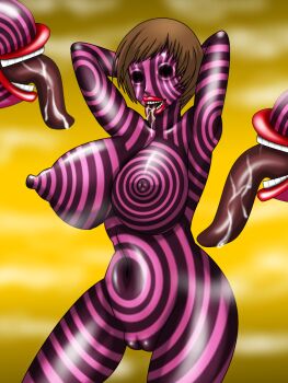 Rule 34 | arms up, blush, breasts, brown hair, corruption, highres, huge breasts, lips, my (mitinaka), no eyes, persona, persona 4, pussy, satonaka chie, shadow (persona), shadow chie, short hair, surreal, tongue