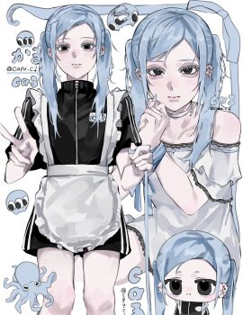 1girl aegyo_sal apron black_eyes black_jacket black_shorts blue_eyes caru_c1 chibi chibi_inset choker closed_mouth commentary ear_piercing fingernails highres jacket jersey_maid long_hair looking_at_viewer maid maid_apron multiple_views neck_piercing octopus off-shoulder_shirt off_shoulder original parted_bangs piercing sharp_fingernails shirt short_sleeves shorts simple_background twintails unconventional_maid v white_background white_choker white_nails white_shirt