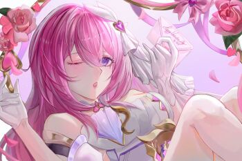 Rule 34 | 1girl, ;o, bare shoulders, breasts, commentary, corset, diamond-shaped pupils, diamond (shape), dumb astra, elysia (herrscher of human: ego) (honkai impact), elysia (honkai impact), english commentary, falling petals, flower, gloves, hair ornament, highres, honkai (series), honkai impact 3rd, letter, long hair, medium breasts, one eye closed, petals, pink flower, pink hair, pink petals, pink rose, purple eyes, rose, solo, symbol-shaped pupils, triquetra, very long hair, white corset, white gloves