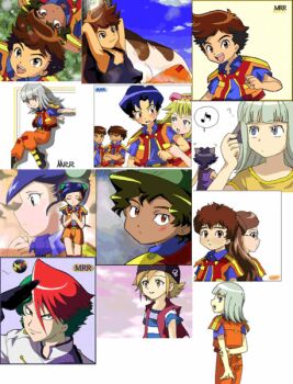 blonde_hair blue_hair child collage hat long_hair machine_robo machine_robo_rescue multiple_boys multiple_girls short_hair taro_(artist) tarowo