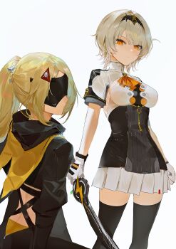 2girls absurdres anby_demara anby_demara_(silver_soldier) ascot baiser3rd black_dress black_hairband black_pants black_shrug black_thighhighs blindfold_mask blonde_hair braid breasts butt_crack closed_mouth commentary_request covered_eyes dress grey_hair hair_ornament hairband highres holding holding_sword holding_weapon korean_commentary mask medium_breasts multiple_girls orange_ascot orange_eyes pants pleated_skirt ponytail shrug_(clothing) side_braids simple_background skirt skirt_under_dress sword thighhighs triangle_hair_ornament trigger_(zenless_zone_zero) two-tone_dress weapon white_background white_dress white_shrug white_skirt zenless_zone_zero