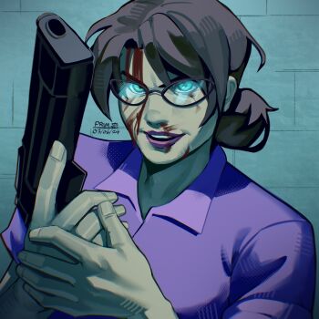 1girl artist_name black_hair blue_eyes close-up dated glasses gun handgun highres holding holding_gun holding_weapon indoors looking_at_viewer miss_pauling pimpoy_jb short_hair simple_background smile solo team_fortress_2 weapon