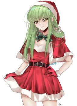 Rule 34 | 1girl, absurdres, bow, bowtie, breasts, budgiepon, c.c., cape, cleavage, code geass, commentary request, cowboy shot, dress, gloves, green bow, green bowtie, green hair, hat, highres, long hair, looking at viewer, medium breasts, red cape, red dress, red gloves, red hat, santa cape, santa costume, santa dress, santa hat, simple background, solo, thighs, very long hair, white background, yellow eyes