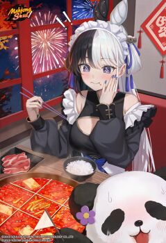 1girl absurdres aerial_fireworks black_dress black_hair bowl breasts china_dress chinese_clothes chopsticks commentary couch detached_sleeves dress eating english_commentary fireworks food hand_on_own_cheek hand_on_own_face highres holding holding_chopsticks indoors large_breasts long_sleeves mahjong_soul multicolored_hair official_art on_couch panda purple_eyes rice_bowl second-party_source shakkiyi sitting two-tone_hair white_hair yuan_xiao