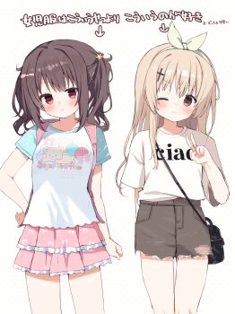2girls absurdres arm_at_side bag blonde_hair blush bow bow_hairband brown_eyes brown_hair brown_shorts choppy_bangs closed_mouth clothes_writing cross_hair_ornament cutoffs hair_bow hair_ornament hairband hand_on_own_hip hand_up highres layered_skirt long_hair looking_at_viewer medium_hair miniskirt multiple_girls one_eye_closed original pink_skirt pleated_skirt polka_dot polka_dot_background polka_dot_bow print_shirt raglan_sleeves shirt shirt_tucked_in short_shorts short_sleeves shorts shoulder_bag skirt smile standing t-shirt takepoison torn_clothes torn_shorts translation_request two_side_up v white_background white_shirt x_hair_ornament yellow_bow yellow_hairband