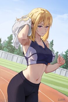 1girl absurdres armpits artist_name blonde_hair cha_hae-in erikvarts exercising highres holding holding_towel navel pants purple_eyes solo_leveling sports_bra stomach sweat sweatpants towel track_and_field