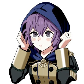1girl absurdres bernadetta_von_varley blue_hoodie blush fire_emblem fire_emblem:_three_houses garreg_mach_monastery_uniform grey_eyes hiding highres hood hoodie messy_hair nekomoni nintendo open_mouth purple_hair solo sticker