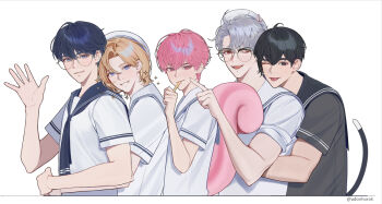 5boys bamby_(plave) black_eyes black_hair black_sailor_collar black_shirt blonde_hair blue_eyes blue_sailor_collar cat_tail closed_mouth eunho_(plave) glasses grey_hair hair_between_eyes hamin_(plave) hat holding holding_stick hug hug_from_behind index_finger_raised k-pop looking_at_viewer male_focus multiple_boys noah_(plave) one_eye_closed open_mouth parted_bangs pink_eyes pink_hair plave sailor_collar sailor_hat shirt short_hair short_sleeves simple_background smile squirrel_tail stick tail tongue tongue_out udonhorok upper_body waving white_background white_hat white_sailor_collar white_shirt yejun_(plave)