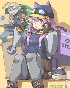 1boy 1girl animal_hat artist_name baseball_cap black_gloves blue_eyes blue_hat blue_jacket blue_pants boots box brown_footwear cardboard_box cat cat_hat closed_mouth double_v english_text fingerless_gloves gabe_newell glasses gloves goggles goggles_on_headwear green_bag grey_hair grey_jacket grey_pantyhose half-life_(series) hands_up hat heart highres holding holding_box hood hood_down hooded_jacket insulated_delivery_bag jacket lambda_symbol long_hair long_sleeves looking_at_viewer multicolored_jacket notice_lines pants pantyhose pink_hair pouch purple_bag real_life smile steam_(platform) steam_delivery_girl thigh_pouch thigh_strap twintails umsisi v yellow_background