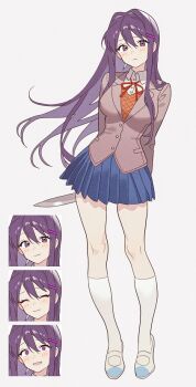 Rule 34 | 1girl, arms behind back, blazer, blue skirt, collared shirt, commentary, contrapposto, doki doki literature club, english commentary, frown, full body, hair ornament, hairclip, holding, holding knife, jacket, knife, long hair, long sidelocks, looking at viewer, multiple expressions, multiple views, neck ribbon, purple eyes, purple hair, ribbon, shirt, sidelocks, skirt, smile, socks, standing, vest, white shirt, white socks, yuna 4568, yuri (doki doki literature club)