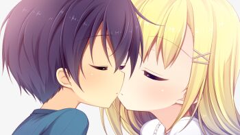 Rule 34 | 1boy, 1girl, aoi aruma, blonde hair, blue hair, blue shirt, claudia nimbus (jissai no tokoro), closed eyes, closed mouth, dress, from side, game cg, grey background, hair between eyes, hair ornament, hairclip, himukai ao (jissai no tokoro), imminent kiss, jissai no tokoro, long hair, portrait, profile, shirt, short hair, sidelocks, simple background, third-party source, variant set, white dress, x hair ornament