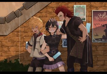 1girl 2boys axel_(kingdom_hearts) black_dress black_hair blonde_hair blush camera_view closed_eyes coat commentary_request dress food gloves green_eyes grin hand_in_pocket hand_on_another's_head highres holding holding_food ice_cream jacket kawame626 kingdom_hearts kingdom_hearts_358/2_days leaning_forward locked_arms looking_at_viewer looking_to_the_side multiple_boys purple_skirt red_hair roxas short_hair sideways_glance skirt sleeveless sleeveless_dress smile spiked_hair standing xion_(kingdom_hearts)