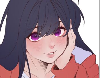 Rule 34 | 1girl, black hair, blush, commentary, double-parted bangs, english commentary, hand on own cheek, hand on own face, head rest, jacket, kuraedo, long hair, long sleeves, looking at another, nose, original, parted lips, portrait, purple eyes, red jacket, simple background, smile, solo, white background