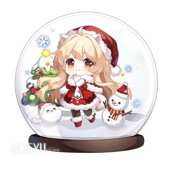 >_< 1girl :d ahoge animal_ears blonde_hair blush boots bow brown_pantyhose capelet cat_ears cat_girl cat_tail chibi christmas christmas_ornaments christmas_tree closed_mouth dress fur-trimmed_boots fur-trimmed_capelet fur-trimmed_dress fur-trimmed_sleeves fur_trim hair_intakes hands_up loading_(verjuice) long_hair long_sleeves looking_at_viewer open_mouth original own_hands_together pantyhose puffy_long_sleeves puffy_sleeves red_boots red_bow red_capelet red_dress red_eyes simple_background smile snow_globe snowflakes snowman solo standing standing_on_one_leg star_(symbol) tail very_long_hair white_background xd