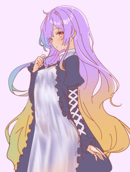 1girl black_jacket blush breasts cross-laced_clothes cross-laced_sleeves dress gradient_hair hijiri_byakuren jacket long_hair long_sleeves looking_at_viewer multicolored_hair pink_background purple_hair simple_background small_breasts soara_shimomo solo touhou white_dress yellow_eyes