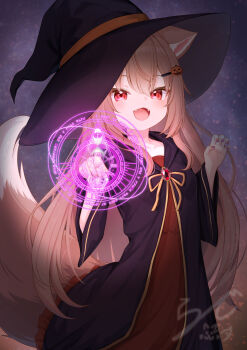 1girl :d animal_ear_fluff animal_ears black_hat black_robe brown_hair casting_spell dress fangs food-themed_hair_ornament hair_ornament hat highres long_hair looking_at_viewer magic magic_circle open_mouth original pumpkin_hair_ornament rade_(rade_552) red_dress red_eyes robe signature smile solo tail very_long_hair witch_hat wolf_ears wolf_girl wolf_tail