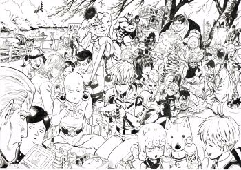 Rule 34 | 6+boys, 6+girls, abs, absurdres, agoni's grandson, ahoge, anger vein, animal costume, armor, armored gorilla, atomic samurai, axe, backpack, bag, bald, ball and chain (weapon), bang (one-punch man), bankenman, bare tree, baseball bat, bento, black sclera, board game, bottle, brother and sister, brothers, busaiku, butagami, cape, character doll, charanko, chonmage, chopsticks, chougoukin kurobikari, colored sclera, crown, cup, cyborg, d-pad (one-punch man), darkness blade, deep sea king (one-punch man), denko genji, dog costume, doll, dougi, doutei (one-punch man), dr. genus, dumbbell, eating, exercising, facial hair, flower, flying sweatdrops, food, fubuki (one-punch man), funeral suspenders, game boy, game boy (original), garou (one-punch man), genos, glasses, gloom (expression), greyscale, hair flower, hair ornament, hairclip, handheld game console, highres, iaian, ikemen kamen amaimask, inazuma max, jacket, japanese clothes, katana, king (one-punch man), kinzoku bat, market stall, mask, matsuge (one-punch man), monochrome, multicolored hair, multiple boys, multiple girls, mumen rider, murata yuusuke, mustache, necktie, necktie on head, nose bubble, nude, official art, okamaitachi, one-punch man, onigiri, onsoku no sonic, outdoors, pen, picking trash, polearm, puri puri prisoner, randoseru, red muffler, saitama (one-punch man), sake bottle, sansetsukon no lily, senkou no flash, shogi, shoulder massage, siblings, signature, sisters, sitch, sleeping, spear, stinger (one-punch man), stubble, sweat, sweatdrop, swept bangs, sword, takoyaki, tank top, tanktop black hole, tanktop master, tanktop tiger, tatsumaki, tetris, tokkuri, tongs, topknot, tree, two-tone hair, weapon, weightlifting, yakisoba, yamazaru (one-punch man), zenko (one-punch man), zombieman