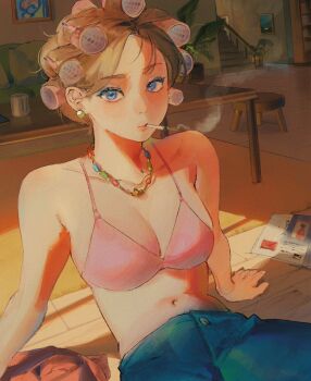 1girl amo_(amo_0514) arm_support armpit_crease bead_necklace beads blue_eyes blue_eyeshadow blue_pants blush bra breasts brown_hair chinese_commentary cigarette cleavage closed_mouth coffee_mug coffee_table collarbone commentary_request couch cowboy_shot cup earrings eyeshadow hair_rollers highres indoors jewelry large_breasts looking_at_viewer magazine_(object) makeup mouth_hold mug navel necklace no_shirt on_floor original painting_(object) pants parted_bangs picture_frame pink_bra plant potted_plant red_shirt rug shirt short_hair sidelighting sitting smoke smoking solo stairs stomach stool sunlight table underwear unworn_shirt window_shadow wooden_floor