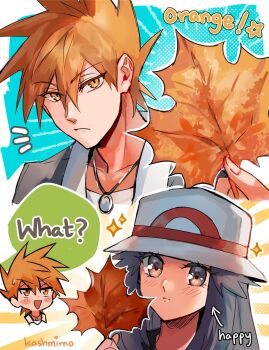Rule 34 | 1boy, 1girl, autumn leaves, black jacket, blue oak, blush, brown eyes, brown hair, closed mouth, collarbone, english text, hat, highres, holding, jacket, jewelry, kash-phia, leaf, leaf (pokemon), long hair, necklace, nintendo, open mouth, pokemon, pokemon frlg, pokemon hgss, shirt, short hair, smile, speech bubble, spiked hair, white hat, white shirt