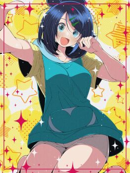 1girl black_hair blue_eyes blue_shirt breasts commentary_request fujiwara_hiro_(kaede_ciao) hair_ornament hairclip highres layered_shirt liko_(pokemon) looking_at_viewer medium_breasts nintendo open_mouth pokemon pokemon_(anime) pokemon_horizons shirt short_hair shorts smile solo sparkle star_(symbol) white_shorts yellow_shirt