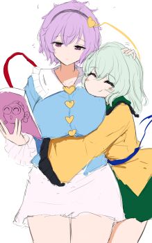 2girls ^_^ absurdres alternate_breast_size_(larger) blue_shirt blush book breasts buttons closed_eyes commentary_request contrast_collar dated_commentary expressionless frilled_sailor_collar frills green_hair green_sailor_collar green_skirt headpat heart_button highres hug komeiji_koishi komeiji_satori large_breasts moriforest1040 multiple_girls pink_hair sailor_collar shirt siblings simple_background sisters sketch skirt smile thighs touhou white_background white_sailor_collar white_skirt yellow_shirt