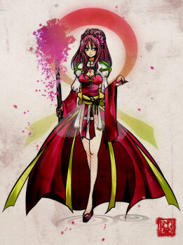 1girl arch_bishop_(ragnarok_online) blue_eyes breasts brown_sandals cherry_blossoms cleavage_cutout closed_mouth clothing_cutout commentary_request cross dress fishnet_thighhighs fishnets food fruit full_body green_eyes grey_background holding holding_food holding_fruit holding_staff juliet_sleeves long_hair long_sleeves looking_at_viewer medium_breasts peach pink_hair platform_sandals puffy_sleeves ragnarok_online red_dress ripples sandals sash seal_impression silky_emonyw smile solo staff thighhighs two-tone_dress white_dress white_thighhighs yellow_sash