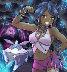 1girl aqua_gemstone aqua_nails bangle bead_necklace beads black_eyes black_hair bracelet breasts bright_pupils carbink cave_interior cleavage clenched_hand commentary_request crop_top crystal dark-skinned_female dark_skin diamond_(shape) diancie earrings flexing gem gen_6_pokemon grin hand_on_own_hip highres jewelry legendary_pokemon mythical_pokemon nail_polish navel neck_ring necklace nintendo olivia_(pokemon) pink_gemstone pink_lips pink_shirt pokemon pokemon_(creature) pokemon_sm purple_shorts shirt short_hair short_shorts shorts sideboob sleeveless smile swept_bangs teeth thighlet urin_(littleurin)