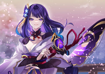 1girl absurdres armor blunt_bangs blurry breasts bridal_gauntlets cleavage closed_mouth clothing_cutout cloud cloudy_sky collarbone commentary_request depth_of_field fan_hair_ornament genshin_impact glint gradient_hair hair_ornament highres japanese_clothes kimono large_breasts light_particles light_smile long_hair looking_at_viewer mole mole_under_eye multicolored_hair neck_ribbon off_shoulder outdoors purple_eyes purple_hair purple_kimono purple_sky raiden_shogun red_ribbon red_sash ribbon sash shoulder_armor shoulder_cutout sky solo streaked_hair tuku2 upper_body