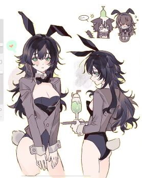 >_< ... 2girls :< anger_vein animal_ears annoyed black_bow black_bowtie black_ears black_hair black_headband black_leotard blush bow bowtie breasts cat_ears cat_girl cat_tail chibi chibi_inset cleavage collar contrapposto crying degrees_of_lewdity detached_collar droopy_ears embarrassed fake_animal_ears fake_tail flying_sweatdrops freesia_quan from_behind green_eyes grey_jacket headband heart highres jacket kylar_(degrees_of_lewdity) kylar_(female)_(degrees_of_lewdity) leotard long_hair long_sleeves looking_back looking_to_the_side melon_soda multiple_girls original oversized_breast_cup playboy_bunny player_character_(degrees_of_lewdity) player_character_(female)_(degrees_of_lewdity) procreate_(medium) procreate_(software) rabbit_ears rabbit_tail raised_inner_eyebrows rectangular_mouth screencap sidelocks small_breasts spill spilled_drink spoken_ellipsis spoken_heart strapless strapless_leotard streaming_tears sweat tail tears v-shaped_eyebrows waitress white_background white_collar white_tail white_wrist_cuffs wrist_cuffs