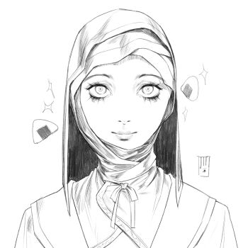 Rule 34 | 1girl, absurdres, coif, commentary, elden ring, elden ring nightreign, english commentary, food, greyscale, highres, hood, jinjilion, looking at viewer, monochrome, nun, onigiri, portrait, smile, solo, sparkle, undertaker (elden ring), white background
