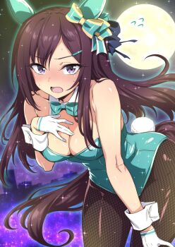 1girl alternate_costume animal_ears aqua_bow aqua_bowtie aqua_leotard bow bowtie breasts brown_hair brown_pantyhose cleavage commentary_request ear_bow ear_covers fishnet_pantyhose fishnets gloves highres horse_ears horse_girl horse_tail leotard long_hair looking_at_viewer mejiro_dober_(umamusume) nakahira_guy pantyhose playboy_bunny purple_eyes solo tail umamusume white_gloves