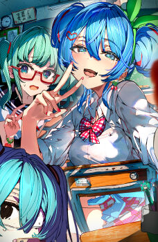 3girls absurdres black_eyes black_sailor_collar blue_eyes blue_hair bow classroom earrings enj! eyepatch green_hair hatsune_miku highres indoors jewelry medium_hair multiple_girls red_nails sailor_collar school_uniform semi-rimless_eyewear serafuku twintails under-rim_eyewear v vocaloid